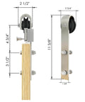 6 Ft Brushed Nickel Sliding Barn Door Hardware Kit With Smooth Quiet Hanger Rollers, side and front view with measurements
