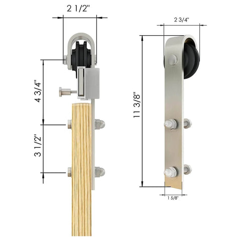6 Ft Brushed Nickel Sliding Barn Door Hardware Kit With Smooth Quiet Hanger Rollers, side and front view with measurements