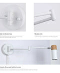 Plug In Swing Arm Wall Lamp With Wood Head, Modern White Finish, 180 Degree Arm, 270 Degree Swivel