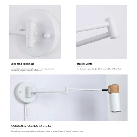 Plug In Swing Arm Wall Lamp With Wood Head, Modern White Finish, 180 Degree Arm, 270 Degree Swivel