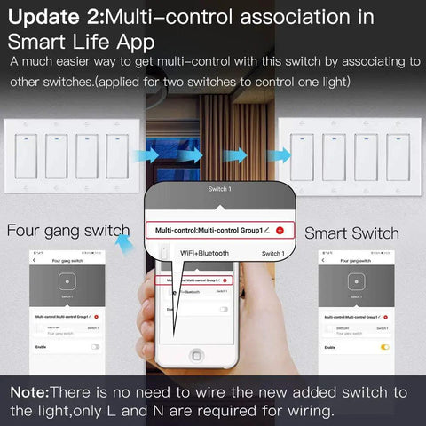 Diagram showing WiFi Wall Push Button Smart Light Switch 4 Gang, 2.4GHz, Neutral Wire Required, Remote Control With Smart Life Tuya app