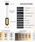 Alabaster Pendant Lights, Smoky Gray Glass Pendant Light Fixtures with dimensions and color temperature options shown.