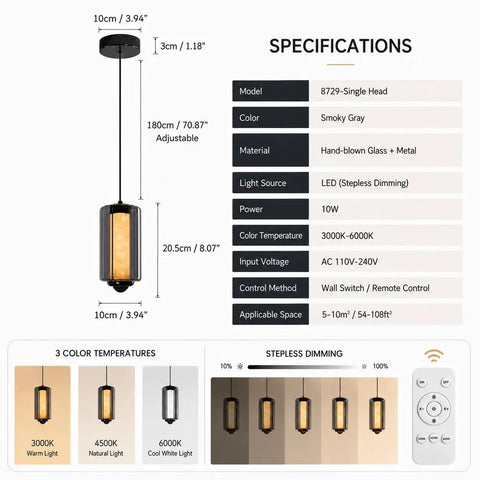 Alabaster Pendant Lights, Smoky Gray Glass Pendant Light Fixtures with dimensions and color temperature options shown.