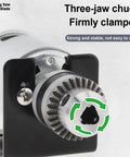 Rock Solid 775 Dc Motor Table Drill With B10 Chuck And Adjustable Speed Controller showing three-jaw chuck for secure bit clamping.