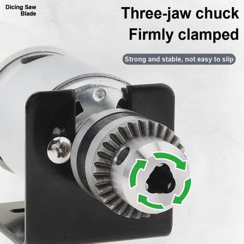 Rock Solid 775 Dc Motor Table Drill With B10 Chuck And Adjustable Speed Controller showing three-jaw chuck for secure bit clamping.