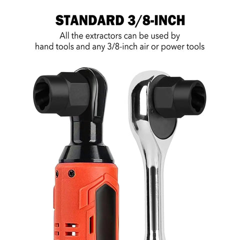 Close-up of standard 3/8-inch impact socket extractors, featuring heavy-duty chrome vanadium construction for versatile use.