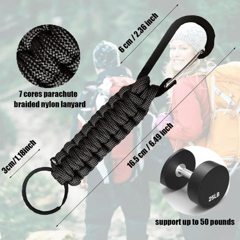 3 Pack Carabiners With Paracord Strap For Keys And Small Gear Black Metal Key Ring Keychain Hook D Locking Keyring Clip