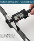 Close-up of caliper measuring 2mm thickness of Oil Rubbed Bronze Door Strike Plate With Reinforced Torx Screws And Bit For Exterior And Interior Doors