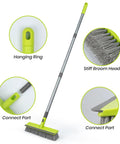 2 In 1 Floor Scrub Brush With Stiff Bristles And Integrated Squeegee, Long 57 Inch Handle For Deep Cleaning Concrete, Patio, Garage, Kitchen, Carpet And Bathroom To Save Your Knees And Back; features include hanging ring, stiff broom head, connection parts shown