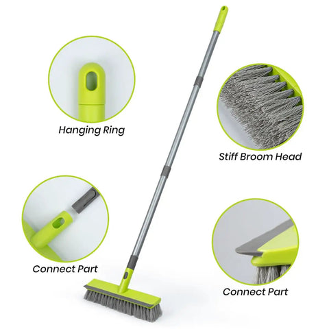 2 In 1 Floor Scrub Brush With Stiff Bristles And Integrated Squeegee, Long 57 Inch Handle For Deep Cleaning Concrete, Patio, Garage, Kitchen, Carpet And Bathroom To Save Your Knees And Back; features include hanging ring, stiff broom head, connection parts shown