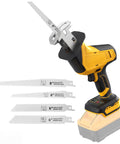 Cordless Reciprocating Saw With Brushless Motor Compatible With 20V Max Batteries No Battery Included Sawzall For Wood Metal PVC Cutting 4 Blades Included Powerful Yet Lightweight For DIY Enthusiasts, yellow saw displayed with 4 blades.