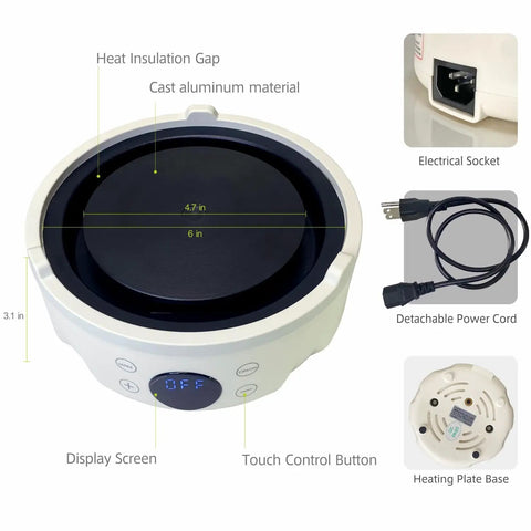 Ultra Compact 600W Electric Mini Hot Plate With Nine Precise Heat Settings showing cast aluminum heating plate and touch controls.