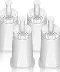 Front view of four white water filter replacement cartridges for Breville espresso machines.