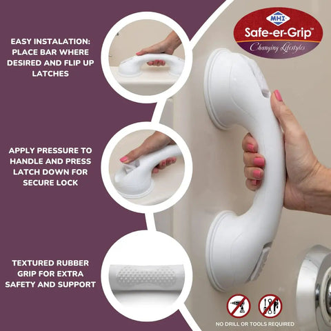 No Tools Needed Suction Cup Bath Grab Bar For Bathtub And Shower Walls Safe Portable Bathroom Assist Handle White 12 Inch With Easy Lock Latches And Relocatable Grip For Seniors And Everyday Use