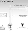 Heavy Hitter Single Monitor Desk Mount With Smooth Tilt And Swivel For Screens Up To 32 Inch or 38 Inch Ultrawide Displays, showing measurements and features.