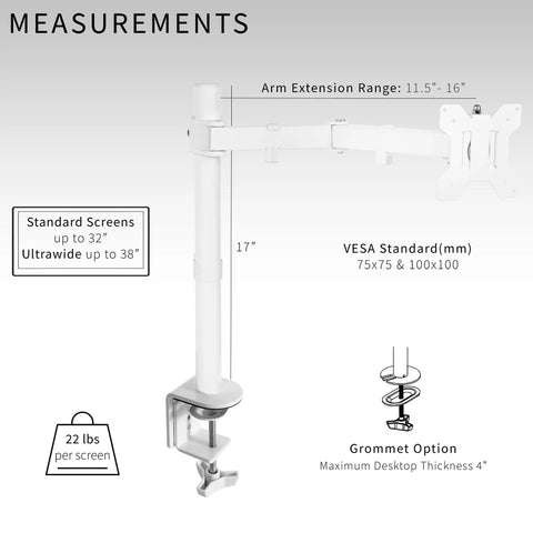 Heavy Hitter Single Monitor Desk Mount With Smooth Tilt And Swivel For Screens Up To 32 Inch or 38 Inch Ultrawide Displays, showing measurements and features.