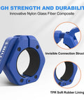 2 Inch Barbell Clamps Pair With No Slip TPR Lining Quick Release Barbell Clips For Secure Weightlifting At Home Or Gym Built To Last Durable Nylon Composite Blue, shown in close-up emphasizing TPR lining and connection structure.