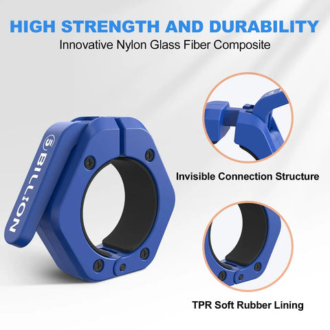 2 Inch Barbell Clamps Pair With No Slip TPR Lining Quick Release Barbell Clips For Secure Weightlifting At Home Or Gym Built To Last Durable Nylon Composite Blue, shown in close-up emphasizing TPR lining and connection structure.