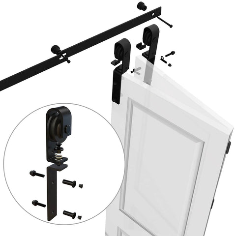 Heavy Duty Bi Folding Barn Door Hardware Sliding Track Kit For Four Doors 5.5 Feet Rail 66 Inches Fits Up To 16 Inch Wide Panels Carbon Steel With Frosted Black Finish Rust Resistant Hardware Only No Wood Doors