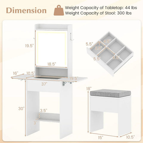 Dimensions of Girls 20 Inch Vanity Desk With Lighted Mirror And Charging Station, Space Saving Glass Top Makeup Table, Storage Stool.