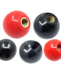 Rock Solid M4 To M16 Round Ball Knobs in black and red, resin material, for furniture and machine use, smooth grip design.
