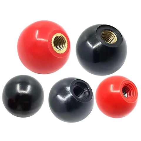Rock Solid M4 To M16 Round Ball Knobs in black and red, resin material, for furniture and machine use, smooth grip design.