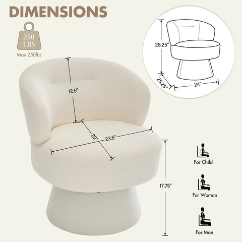 360 Degree Swivel Accent Chair In Soft Chenille Boucle Upholstery with size dimensions and weight capacity details