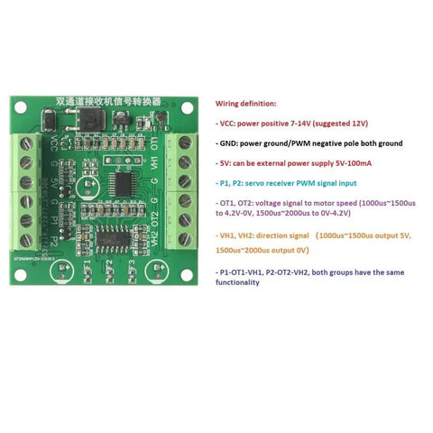 Front view of Dual Channel PWM To Voltage Servo Receiver Converter for RC Crawlers 7 To 24V, highlighted wiring definitions