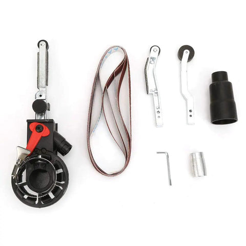 Heavy Duty Belt Sander Adapter For Angle Grinder Featuring Five Eighth Inch Thread includes sanding belt and mounting parts.