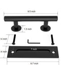 Sliding Barn Door Pull Handle Set With Flush Hardware In Rustic Black Powder Coat Finish Anti Rust And Heavy Duty Double Sided Design Frosted Touch Comfort Handle With Smooth Edges For Easy Grip On Interior Doors shown with dimensions