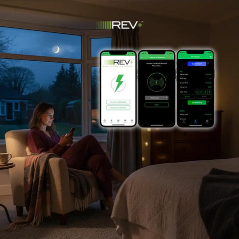 Woman using phone app to control Dual Port Level 2 EV Charger 50 Amp 12 kW Quick Home Charge For Two Cars NEMA 14 50 240V device
