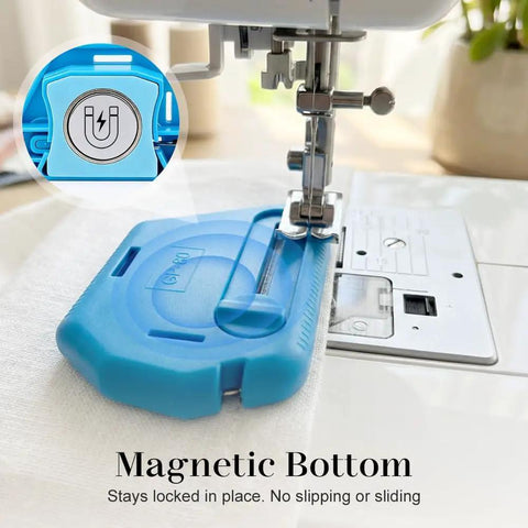 3 In 1 Magnetic Seam Guide For Sewing Machine With Built In Scale And Seam Ripper in use, showing magnetic base on machine