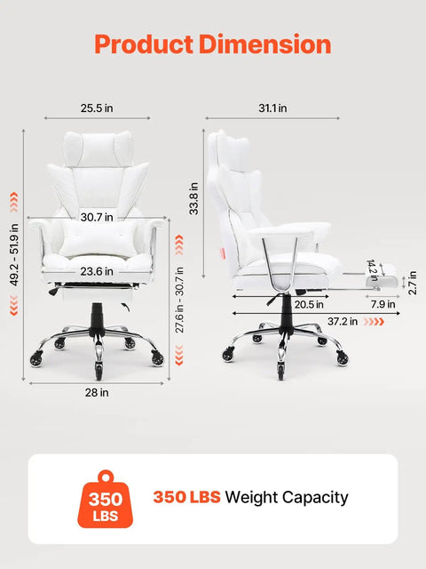 White Reclining Office Chair With Footrest For Big And Tall Pros Oversize PU Leather Executive Chair dimensions and weight capacity