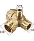 Beefy Brass 3 Way Air Compressor Check Valve With Three Eighth G And One Half G M10 Male Threads Heavy Duty Pneumatic Connector shown