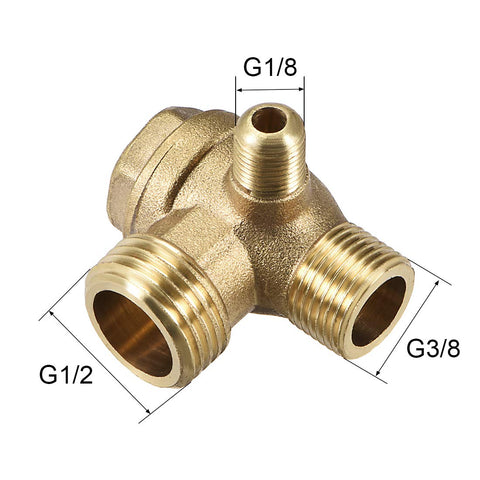 Beefy Brass 3 Way Air Compressor Check Valve With Three Eighth G And One Half G M10 Male Threads Heavy Duty Pneumatic Connector shown