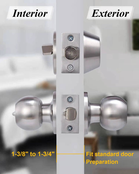 Two Sets All Keyed Alike Entry Door Knob And Deadbolt Combo, Satin Nickel Round Ball Exterior Door Knobs with lock details.