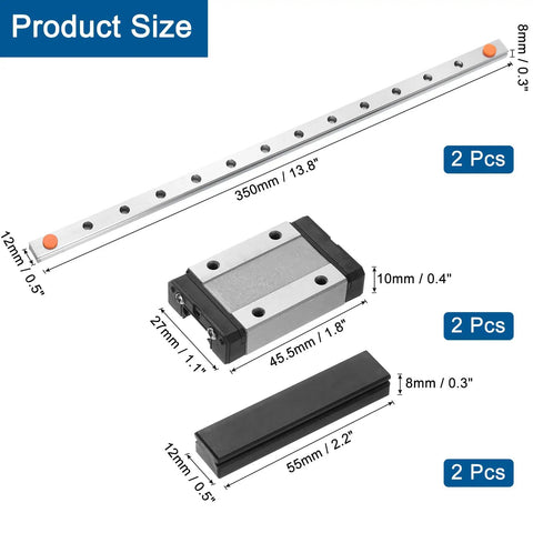 2 Pack 350mm Linear Guide Rail Kit With MGN12H Carriage Blocks And Mini Guides, size and components displayed