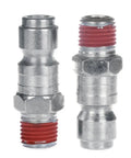 Top Shelf Zinc Plated Steel Air Plug Set 3/8 Inch Core 1/4 Inch Mnpt Male Thread Two Piece T Block Splitter 300 Psi Max Pressure visible from side angle.