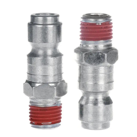 Top Shelf Zinc Plated Steel Air Plug Set 3/8 Inch Core 1/4 Inch Mnpt Male Thread Two Piece T Block Splitter 300 Psi Max Pressure visible from side angle.