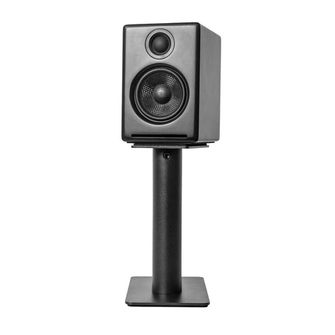 Black speaker on Rising Desktop Speaker Stands for Small to Medium Bookshelf Speakers and 2 to 4 Inch Studio Monitors, 8.3 Inch Tall