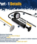 Universal 28 Piece Radiator Pressure Tester Kit And Coolant Vacuum Refill Set With Precise Thermometer featuring hand pump and pressure gauge.