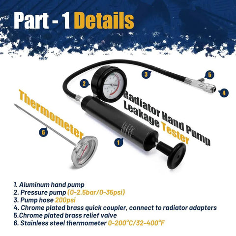 Universal 28 Piece Radiator Pressure Tester Kit And Coolant Vacuum Refill Set With Precise Thermometer featuring hand pump and pressure gauge.
