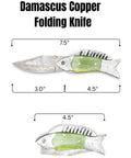 Fish Style Copper Damascus Folding Knife With Ladder Pattern Blade, Brass Engraved Handle, Leather Sheath, open and closed view