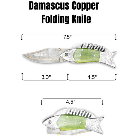 Fish Style Copper Damascus Folding Knife With Ladder Pattern Blade, Brass Engraved Handle, Leather Sheath, open and closed view