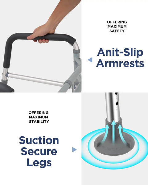 Adjustable Foldable Toilet Safety Rails For Seniors Handicap Users Straight Up Strong Aluminum Grab Bar with non-slip rubber pads.