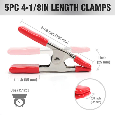 Beefy Heavy Duty Steel Spring Clamp, 4-1/8in length, with 1in jaw opening. Part of 4in five pack set for woodworking and photo backdrops.