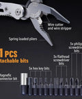 24 In 1 Multitool With Knife And Pliers, 11 Magnetic Bits, Sharp Stainless Steel, Lightweight EDC Gear, close-up of bits and pliers