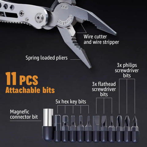 24 In 1 Multitool With Knife And Pliers, 11 Magnetic Bits, Sharp Stainless Steel, Lightweight EDC Gear, close-up of bits and pliers