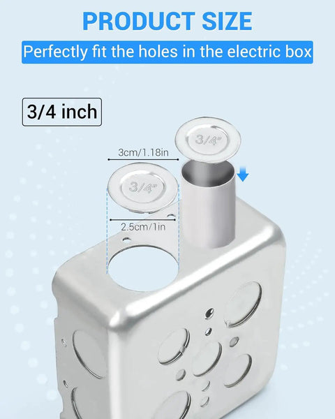 24 Pcs Three Quarter Inch Knockout Seals For Electrical Boxes Plug And Seal Kit shown fitting in an electrical box opening.