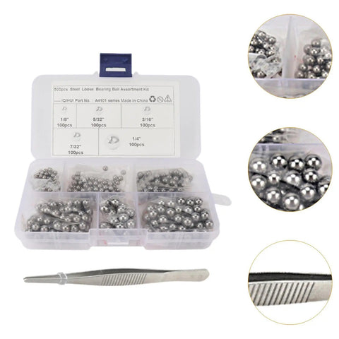 Pro Grade Bearing Balls Kit With Precision Steel Bearings In One Eighth To One Quarter Inch Sizes Plus Tweezers For Cars ATVs Mountain Bikes High Performance Maintenance Accessory Set, open case